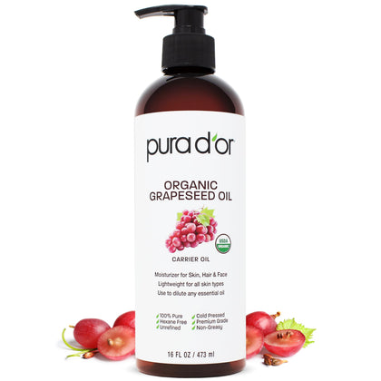 PURA D'OR front bottle view showing organic grapeseed oil for hydration