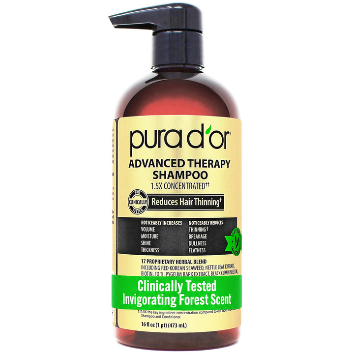 PURA D'OR front bottle view showing product and volume benefits