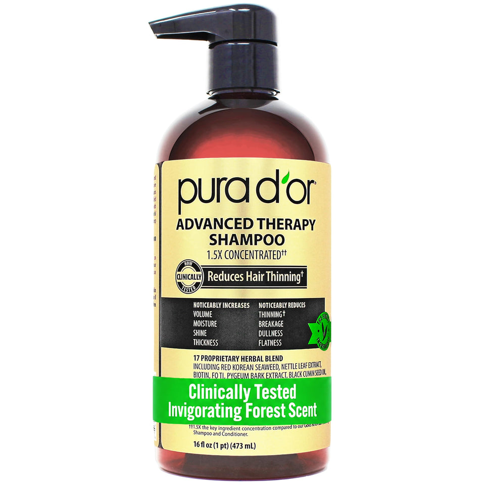 PURA D'OR front bottle view showing product and volume benefits