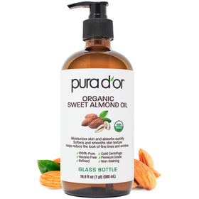 PURA D'OR front glass bottle showing organic oil and clear branding, promotes natural care