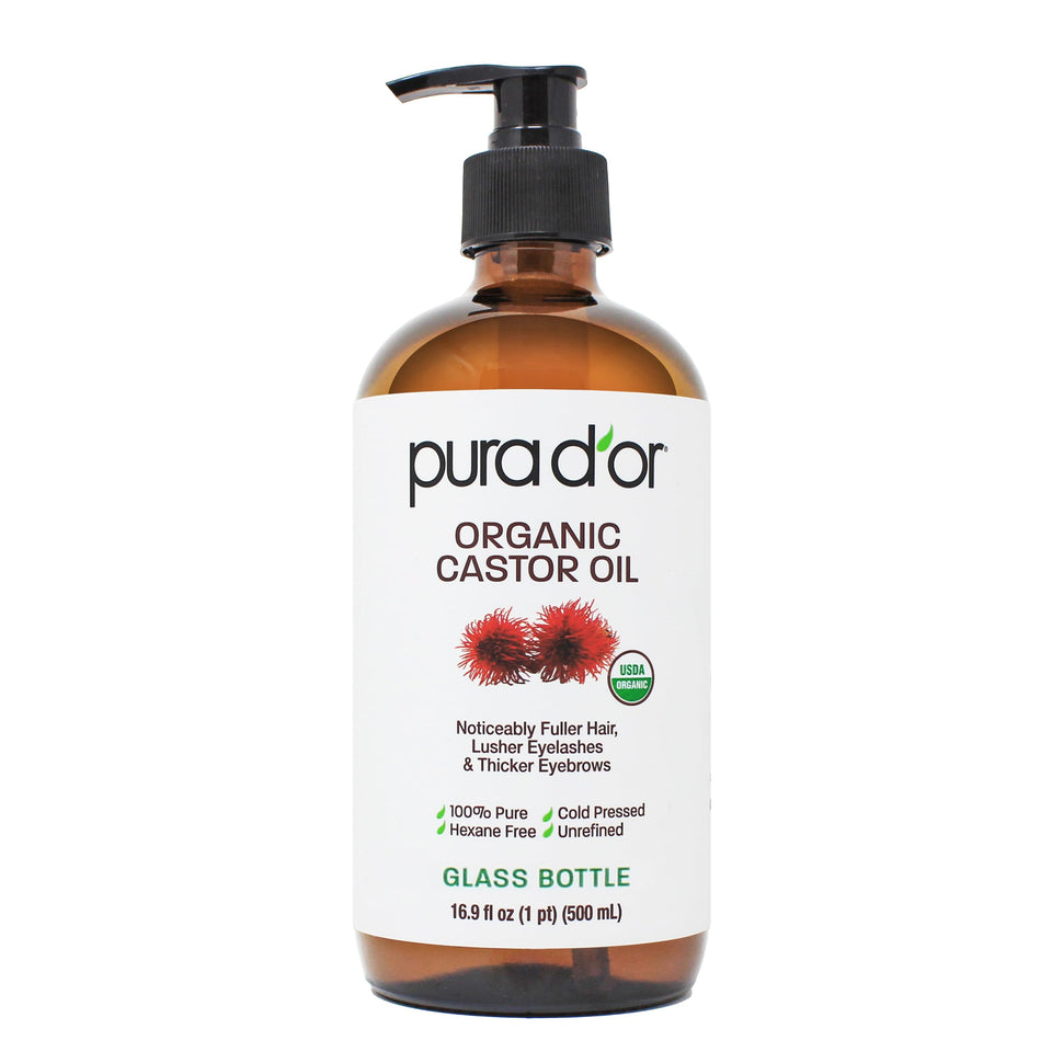PURA D'OR glass bottle front view showing organic label and size benefit