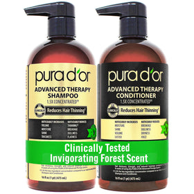 PURA D'OR front packaging duo showing volumizing shampoo and conditioner benefits