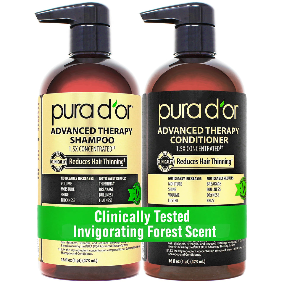PURA D'OR front packaging duo showing volumizing shampoo and conditioner benefits