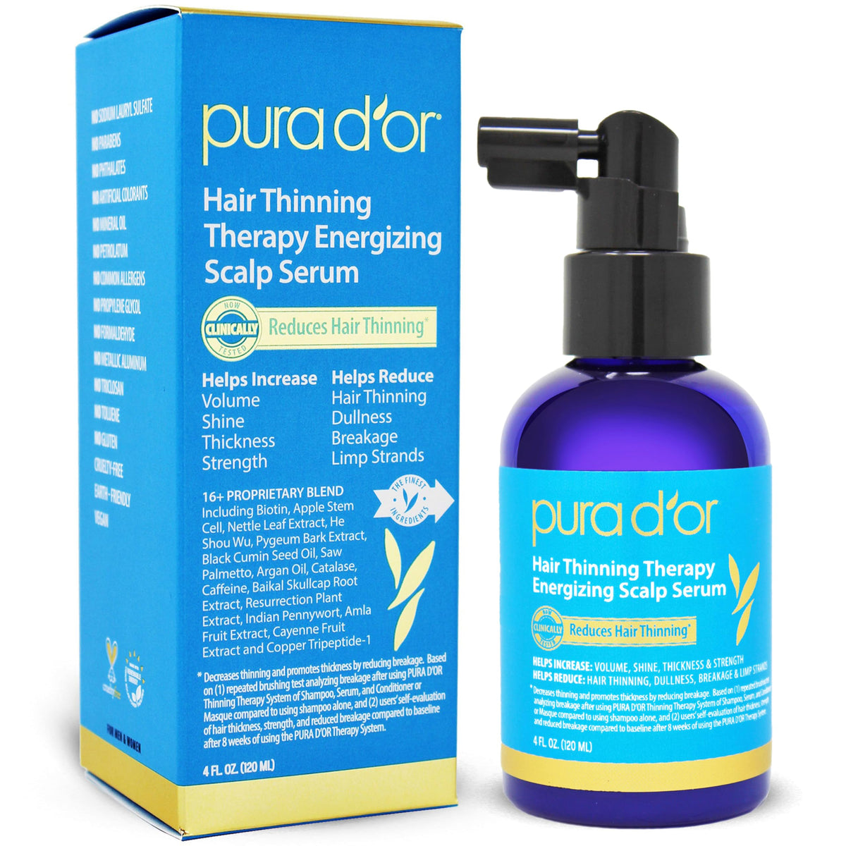 PURA D'OR front bottle view showing label and volumizing benefits