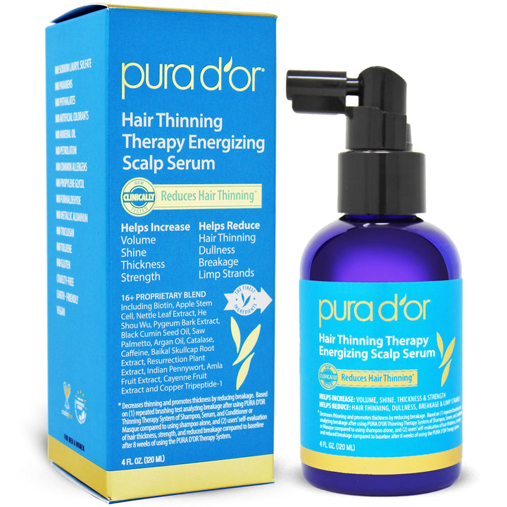 PURA D'OR front bottle view showing label and volumizing benefits
