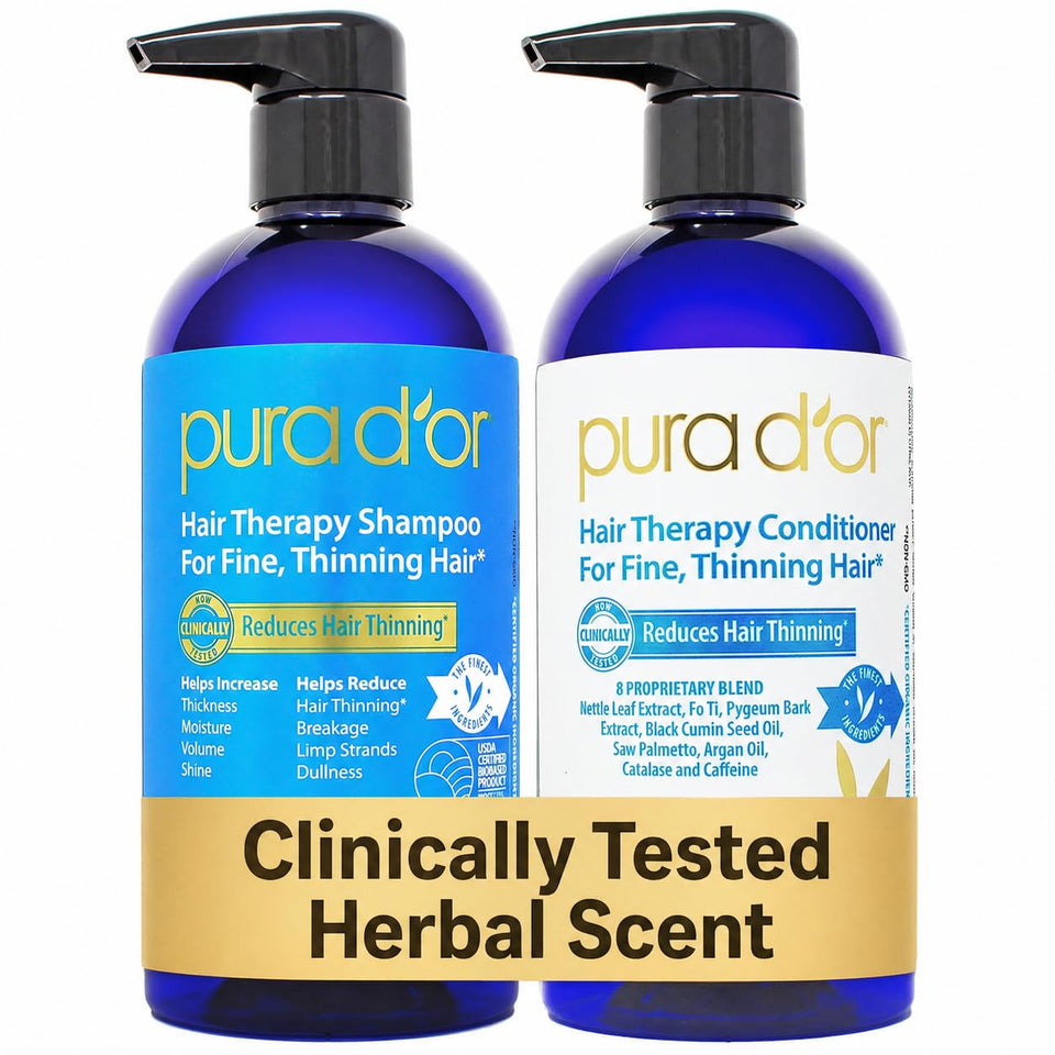 PURA D'OR front packaging showing duo bottles and clear benefits