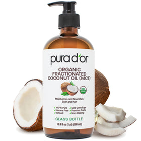 PURA D'OR glass bottle front showing label and organic certification benefits