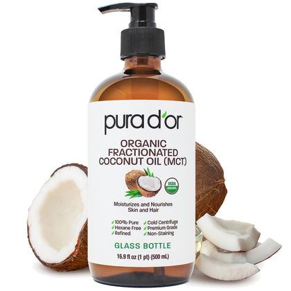 PURA D'OR glass bottle front showing label and organic certification benefits
