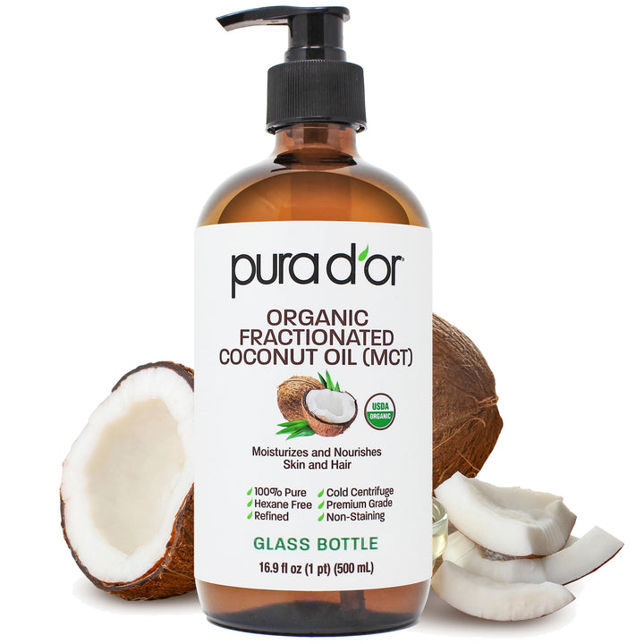 PURA D'OR glass bottle front showing label and organic certification benefits