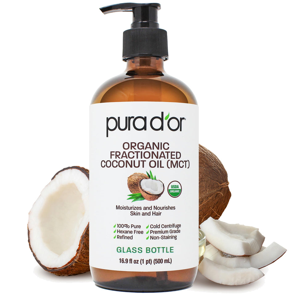 PURA D'OR glass bottle front showing label and organic certification benefits