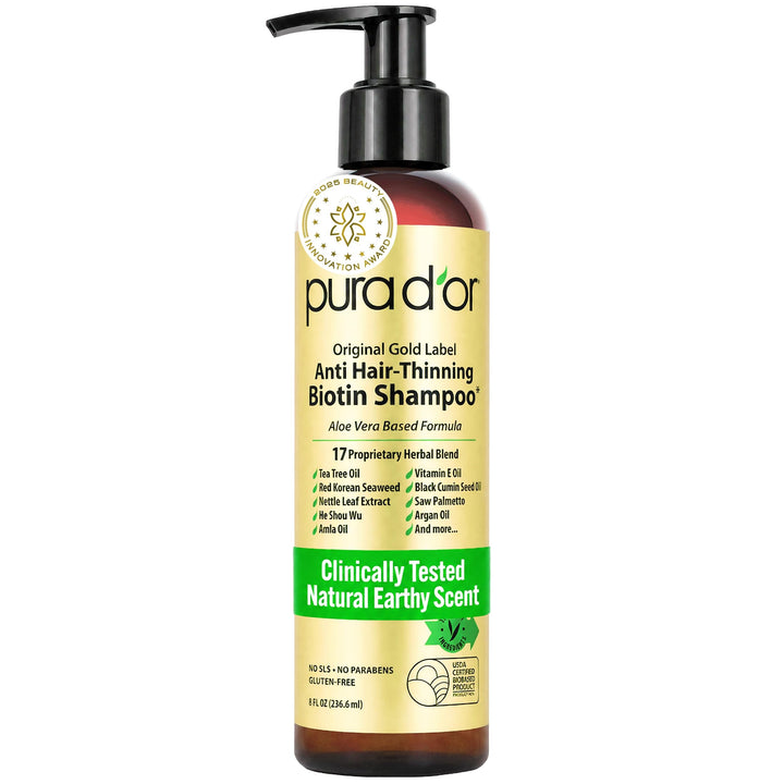 PURA D'OR front packaging showing bottle and gold label with product benefit