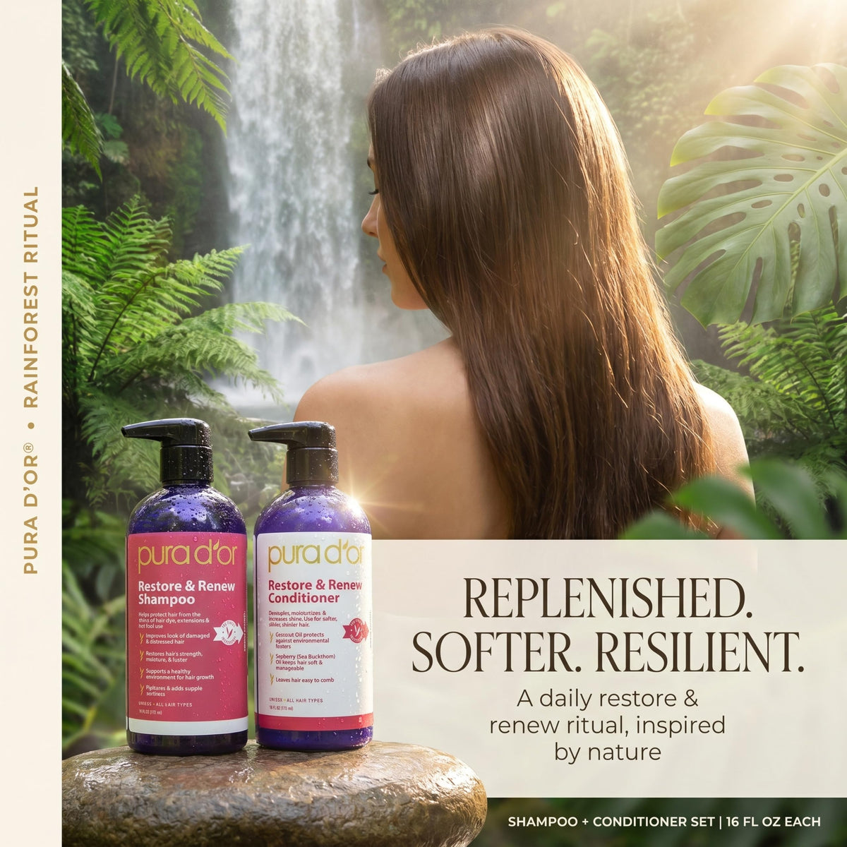 PURA D'OR before and after hair results showing restored shine