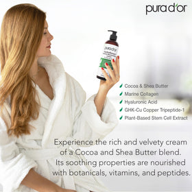 PURA D'OR ingredients layout with shea butter and hyaluronic acid benefits