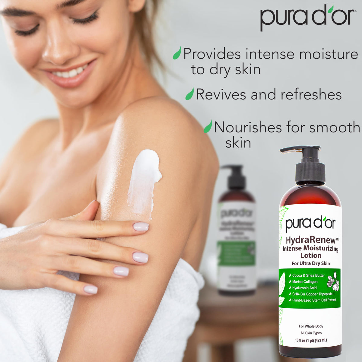 PURA D'OR close-up texture of lotion showing smooth absorbent finish