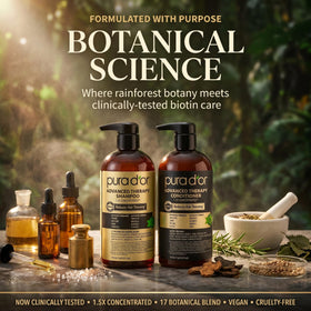 PURA D'OR herbal blend display of key botanicals supporting thicker-looking hair
