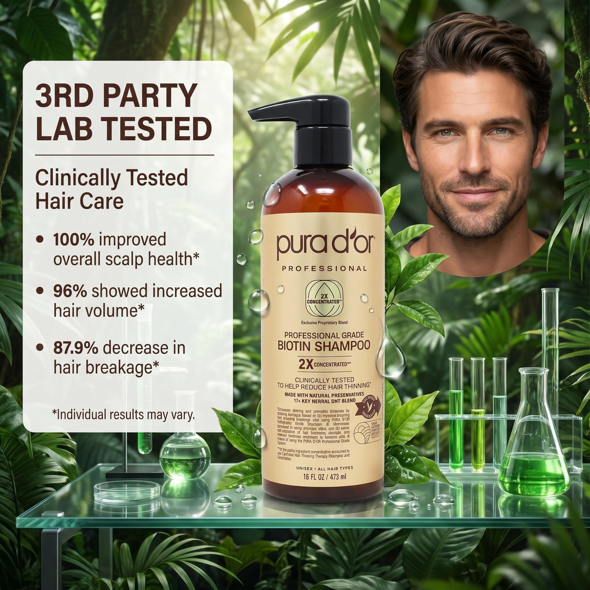 PURA D'OR ingredient label highlighting biotin and 17 botanical actives