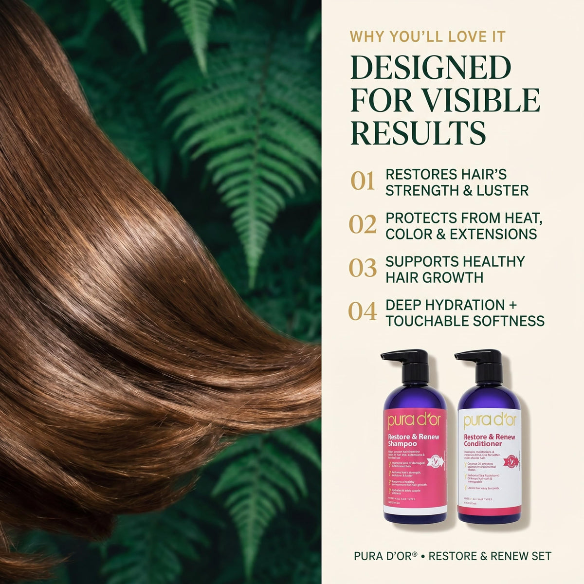 PURA D'OR bottles beside aloe and seaberry highlighting nourishing botanicals