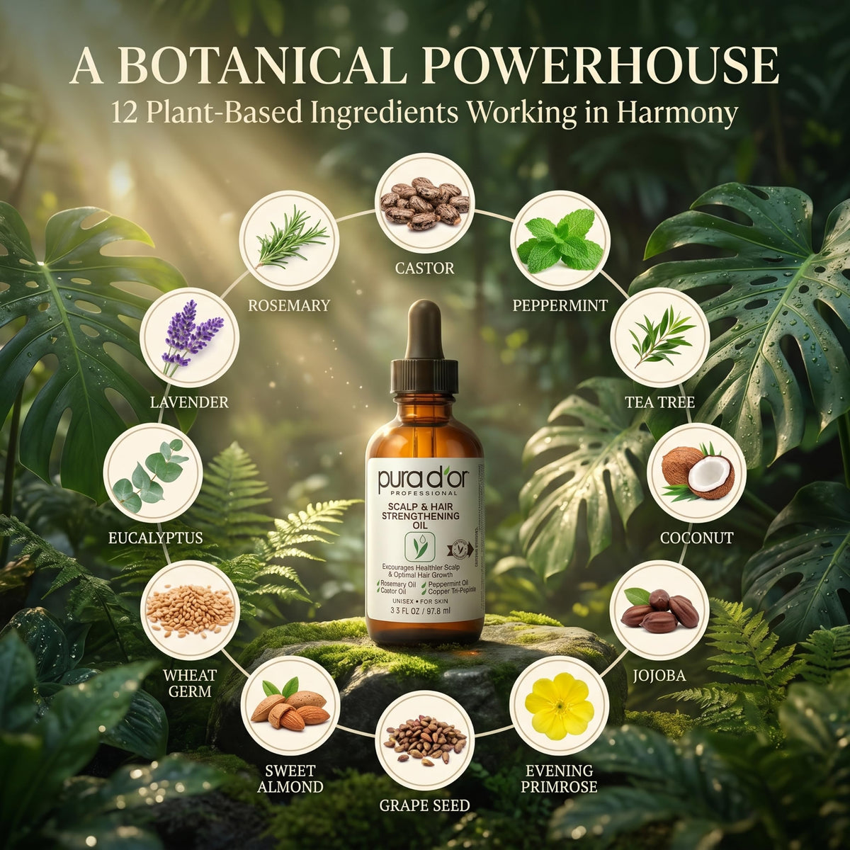 PURA D'OR surrounded by rosemary, castor seeds and peppermint leaves to show ingredients