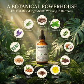 PURA D'OR surrounded by rosemary, castor seeds and peppermint leaves to show ingredients