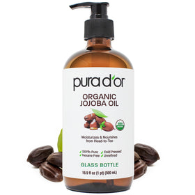 PURA D'OR bottle front view showing organic jojoba oil label and glass for freshness