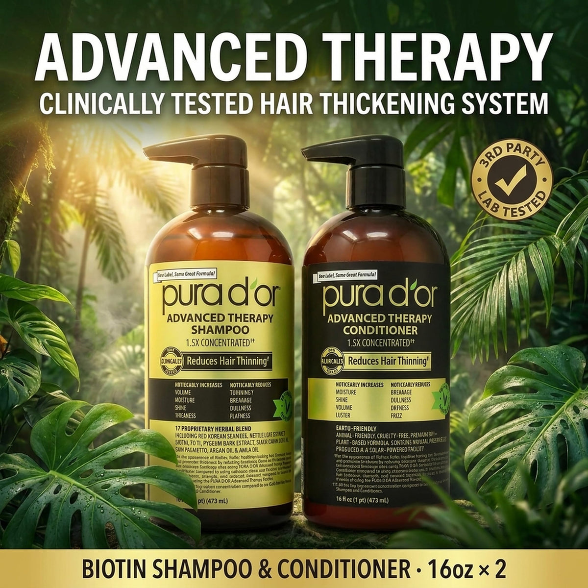 PURA D'OR label close-up highlighting active botanical ingredients and clarity
