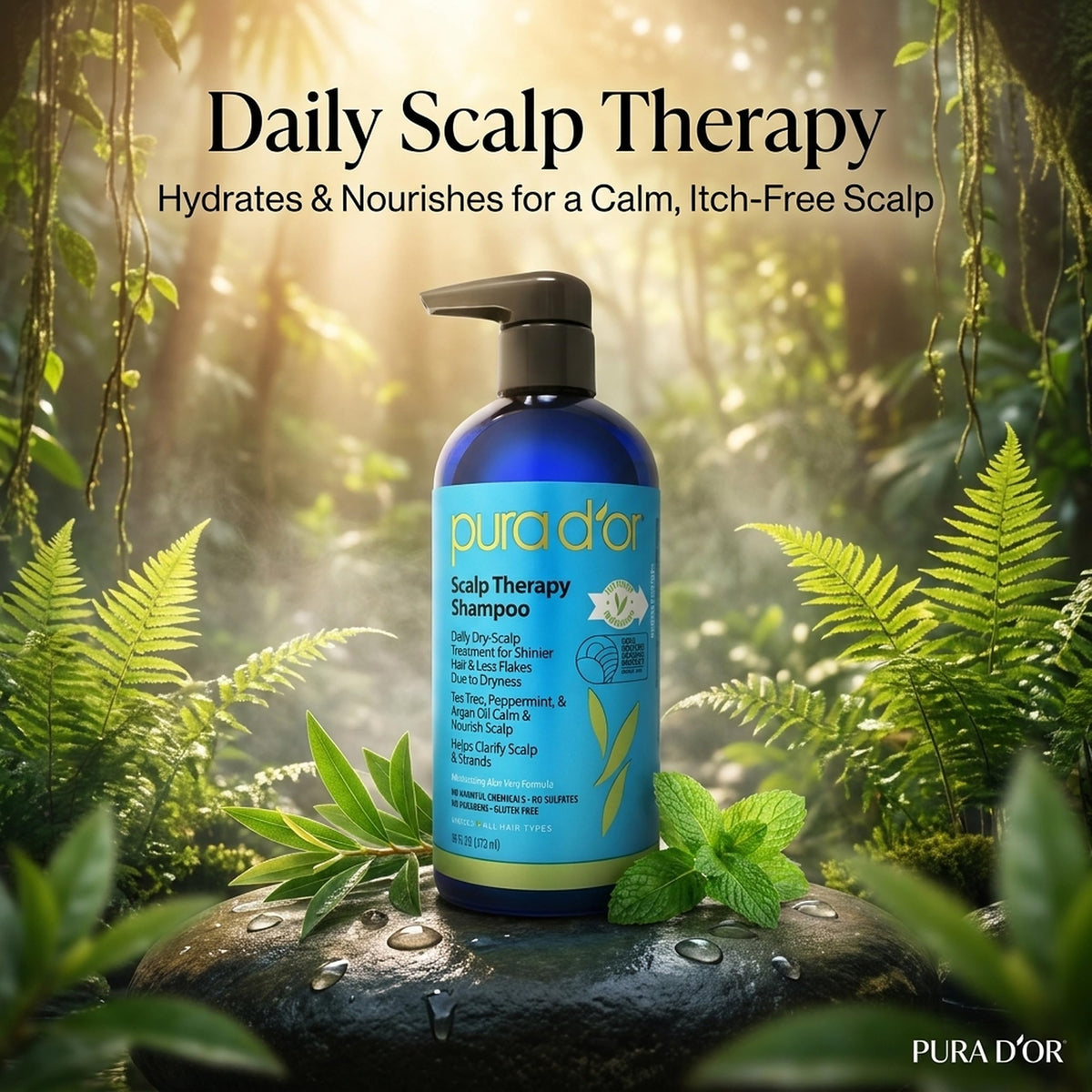 PURA D'OR label closeup highlighting key ingredients for scalp relief