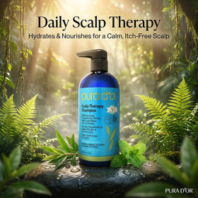 PURA D'OR label closeup highlighting key ingredients for scalp relief