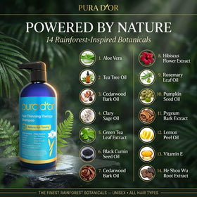 PURA D'OR label close-up highlighting biotin and argan, shows nourishing ingredients