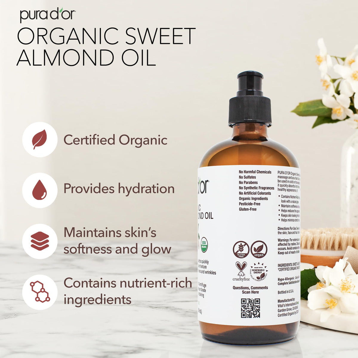 PURA D'OR label close-up with USDA organic seal, highlights certified purity benefit