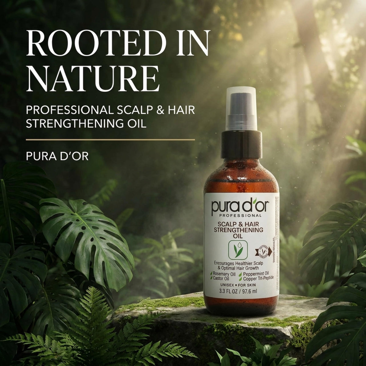PURA D'OR label close-up highlighting key botanical ingredients and benefits