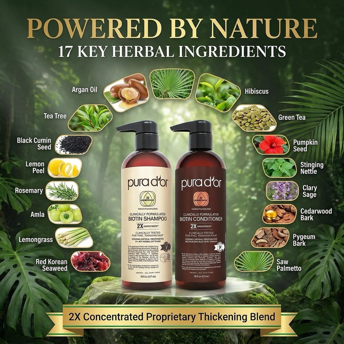 PURA D'OR label close-up listing key botanicals and biotin for informed choice