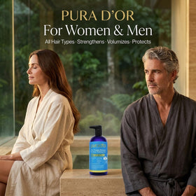 PURA D'OR bottle on bathroom counter with towel, suggests everyday routine use