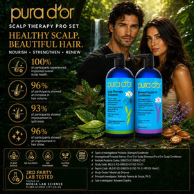 PURA D'OR bottles on bathroom shelf suggesting daily scalp care routine