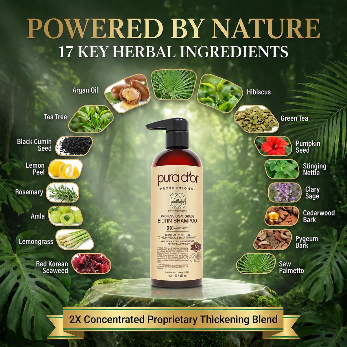 PURA D'OR bottle on bathroom shelf in lifestyle setting promoting daily use