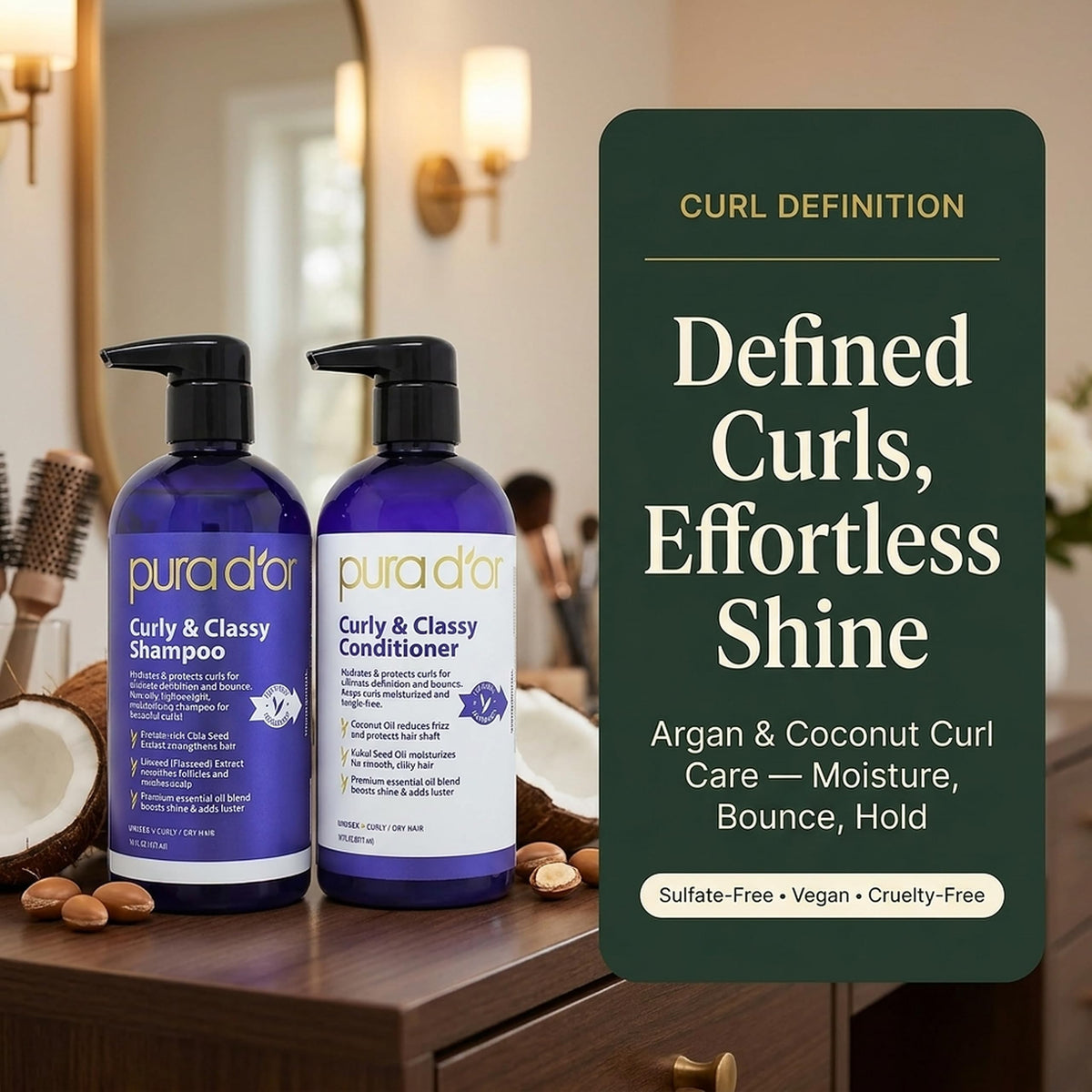 PURA D'OR styled curly hair lifestyle shot showing frizz control benefit