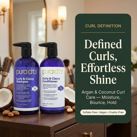 PURA D'OR styled curly hair lifestyle shot showing frizz control benefit
