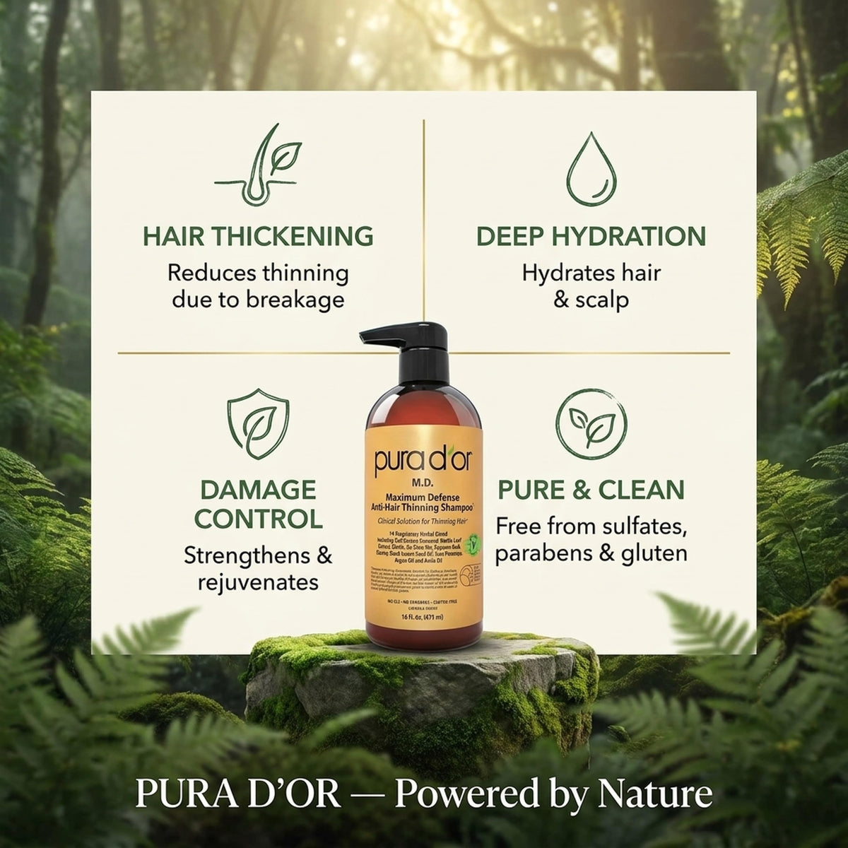 PURA D'OR bottle staged in bathroom suggesting everyday therapeutic use