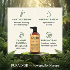 PURA D'OR bottle staged in bathroom suggesting everyday therapeutic use