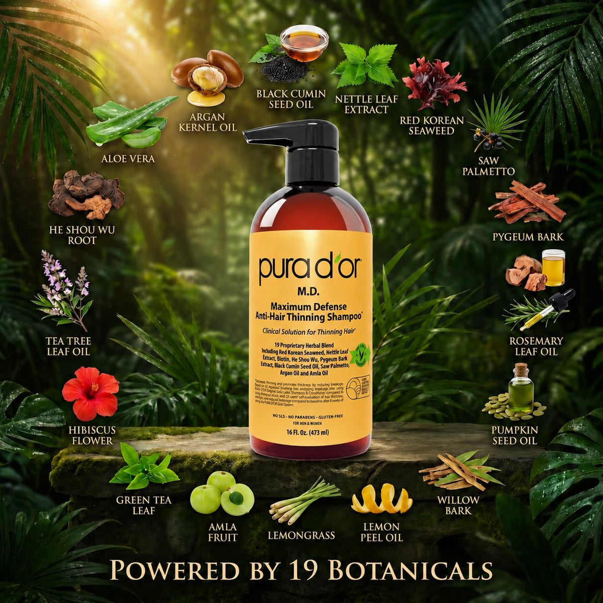 PURA D'OR bottle held in hand to show 16 ounce size and scale