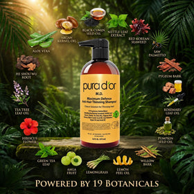 PURA D'OR bottle held in hand to show 16 ounce size and scale