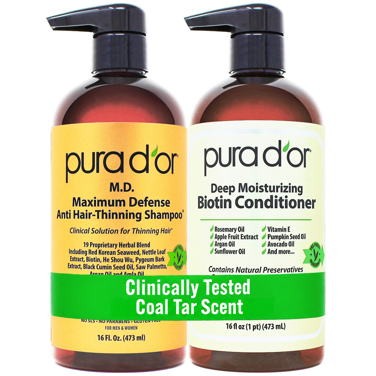 PURA D'OR front packaging showing both 16 oz bottles and branding for fuller hair