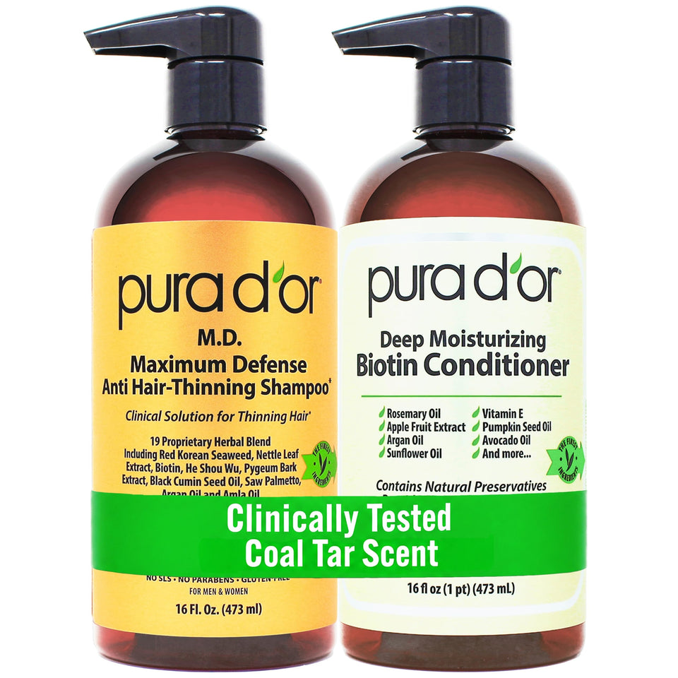PURA D'OR front packaging showing both 16 oz bottles and branding for fuller hair