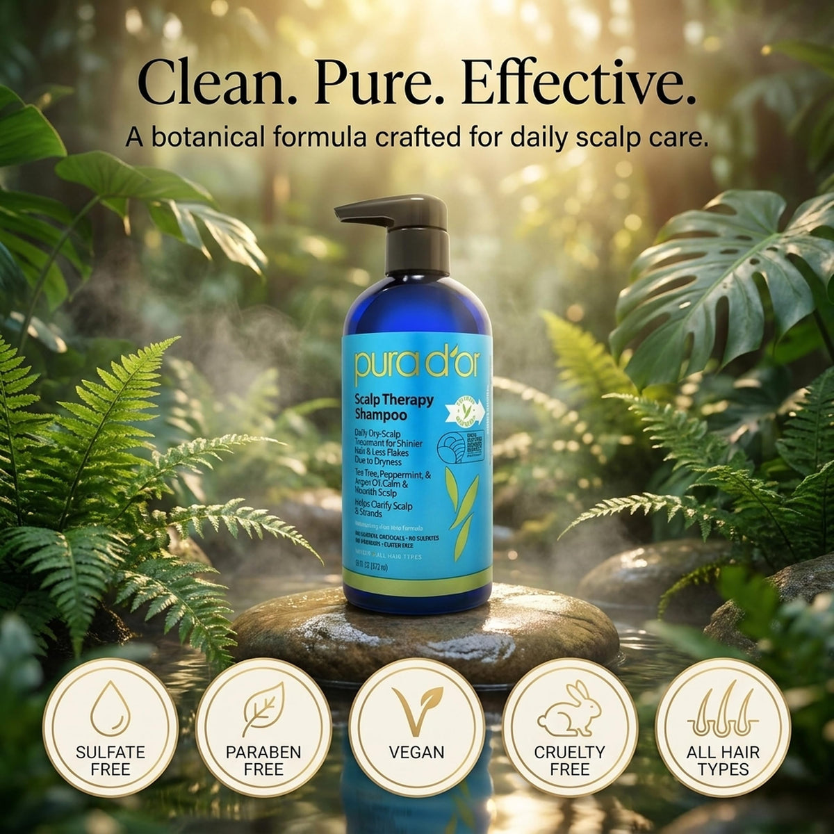 PURA D'OR with tea tree and argan oil display illustrating natural calming benefits