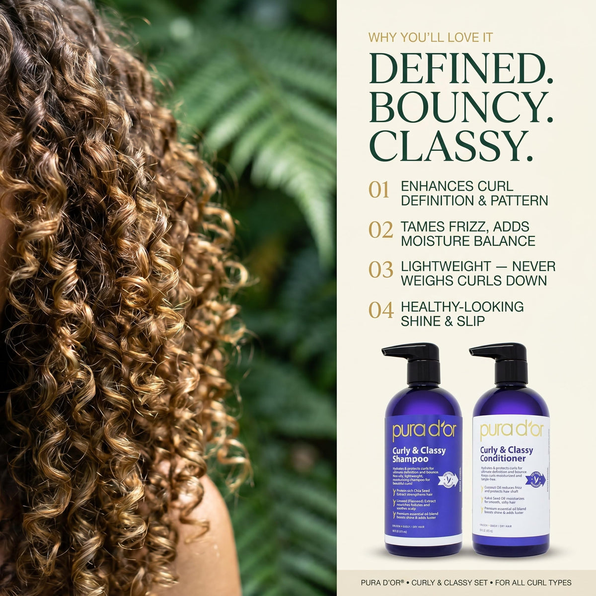 PURA D'OR oil blend ingredients emphasizing nourished, shiny curls
