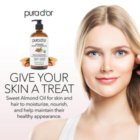 PURA D'OR almond oil droplet on surface showing lightweight texture and easy absorption