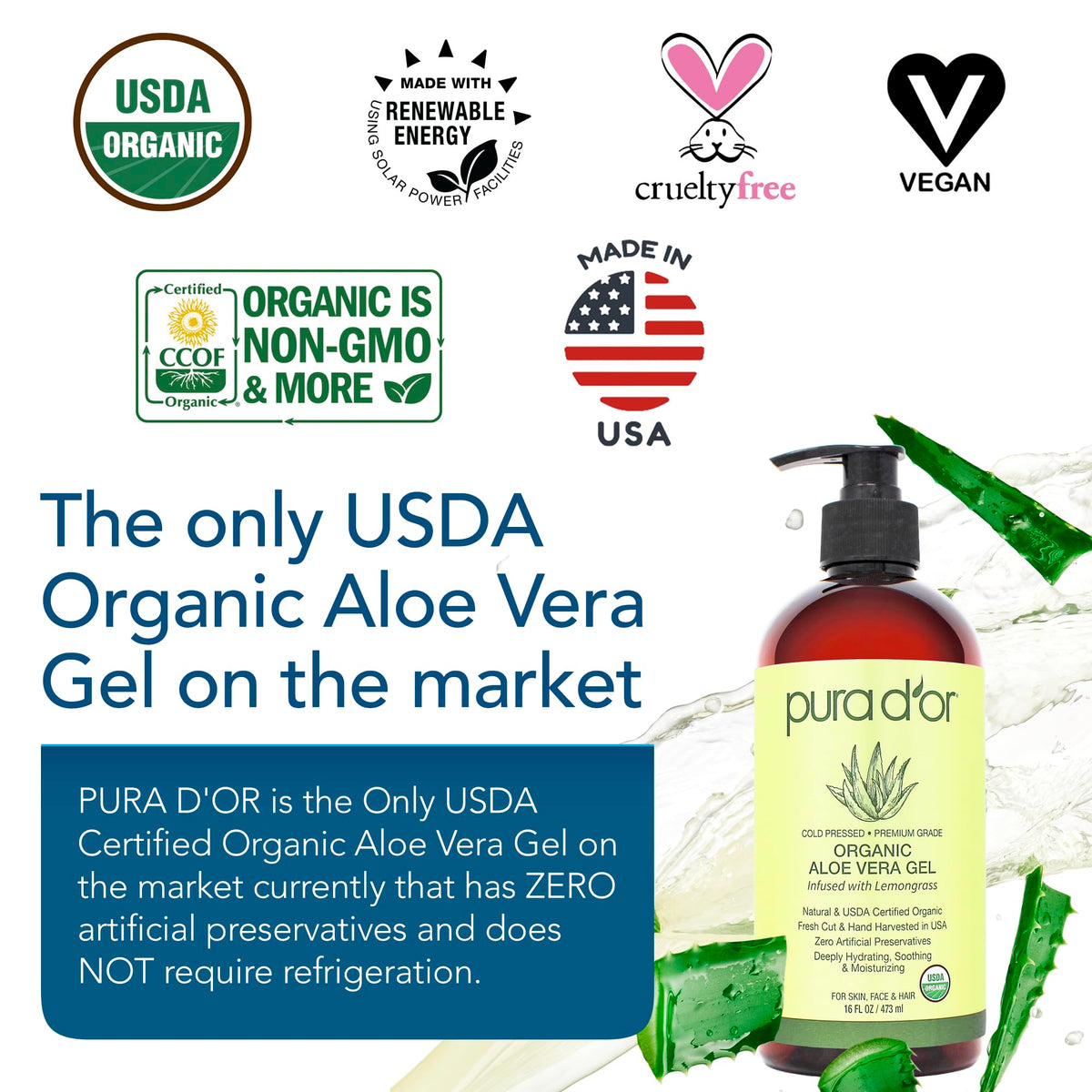 PURA D'OR open jar showing gel texture for quick-absorbing hydration benefit