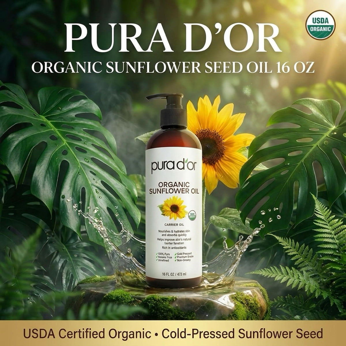 PURA D'OR close-up pouring cold-pressed oil highlighting purity and silky texture