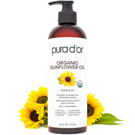 PURA D'OR front packaging showing 16 oz organic sunflower oil and clean branding benefits