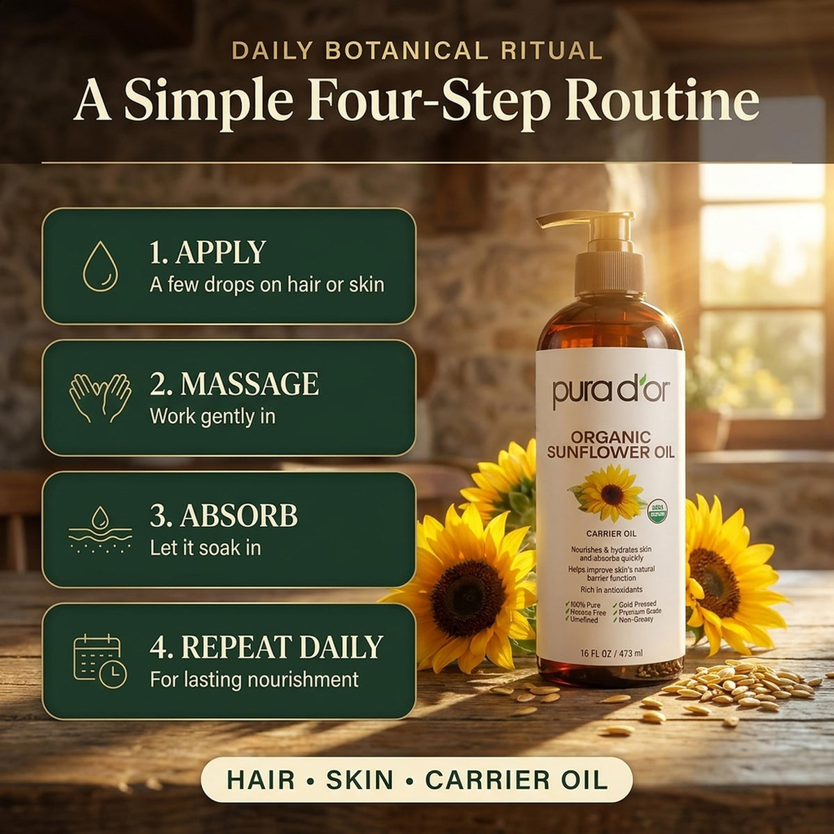 PURA D'OR applied to hair as a pre-shampoo treatment improving softness and shine