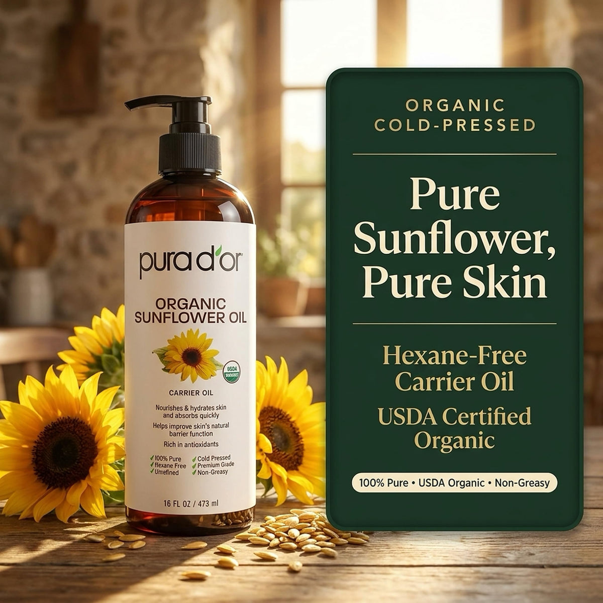 PURA D'OR bottle on a bathroom shelf in a natural setting suggesting ritual-friendly skincare